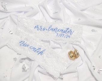 Wedding Garter Set,  Personalized, Mrs. Garter, You're Next or Nice Catch Toss Garter, Sky Blue Embroidery