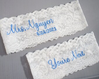 Wedding Garter,  Personalized /  Embroidered White Lace Wedding / Single Garter or Set / Mrs. Garter / Something Blue!  Name & Date