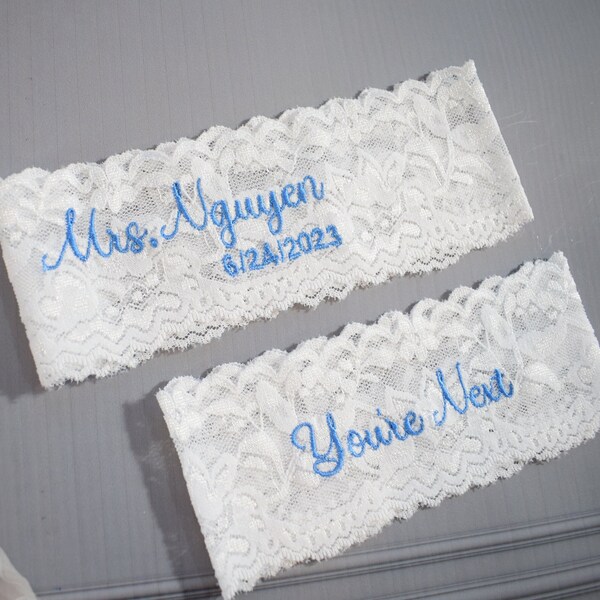 Wedding Garter,  Personalized /  Embroidered White Lace Wedding / Single Garter or Set / Mrs. Garter / Something Blue!  Name & Date