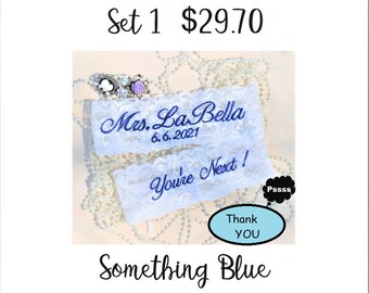 Personalised Bride Toss Garter Austria Crystal White Ruffle Name Date ROYLE BLUE