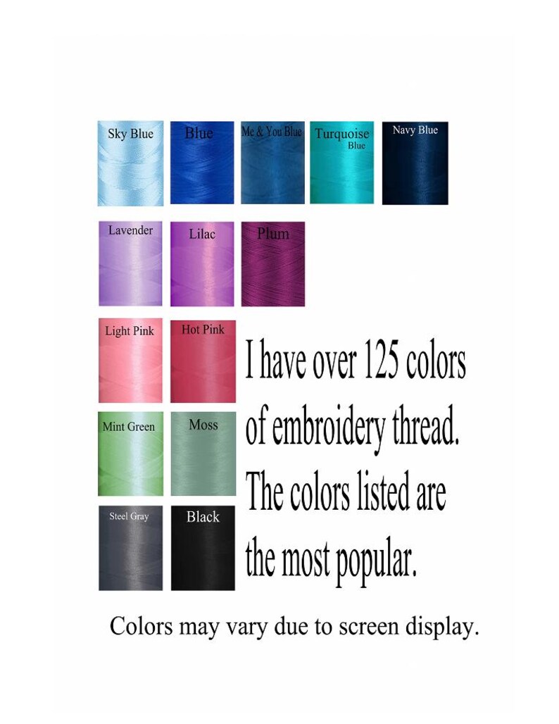 Op de afbeelding: Kleurenkaart met borduurgaren in diverse tinten: hemelsblauw, blauw, lavendel, lila, pruim, lichtroze, felroze, mintgroen, mos, staalgrijs en zwart. Tekst: "Ik heb meer dan 125 kleuren borduurgaren. De vermelde kleuren zijn de populairste."