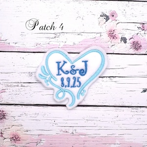 Wedding Patch Custom Embroidered. Featuring elegant blue script with initials and date, Sew On, Something Blue, Wedding Keepsake Gift,