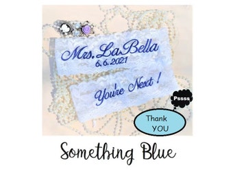 Wedding Garter, Personalized / Embroidered White Lace Wedding / Single Garter or Set / Mrs. Garter / Something Blue! Name & Date