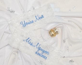 Wedding Garter Set, Personalized, You're Next or Nice Catch, Sky Blue Embroidery, Personalized gift included from me to YOU