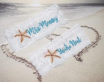 Personalized Beach Wedding Garter Set with Starfish, Something Blue Lace