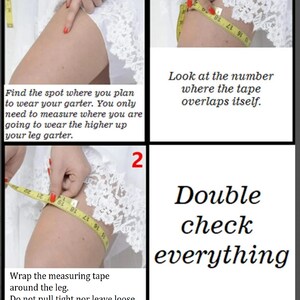 Op de afbeelding: Een gids over hoe u een kousenband kunt meten. De afbeelding toont een been met een meetlint eromheen gewikkeld. Tekst bevat instructies: "Vind de plek waar je je kousenband wilt dragen." en "Controleer alles dubbel."
