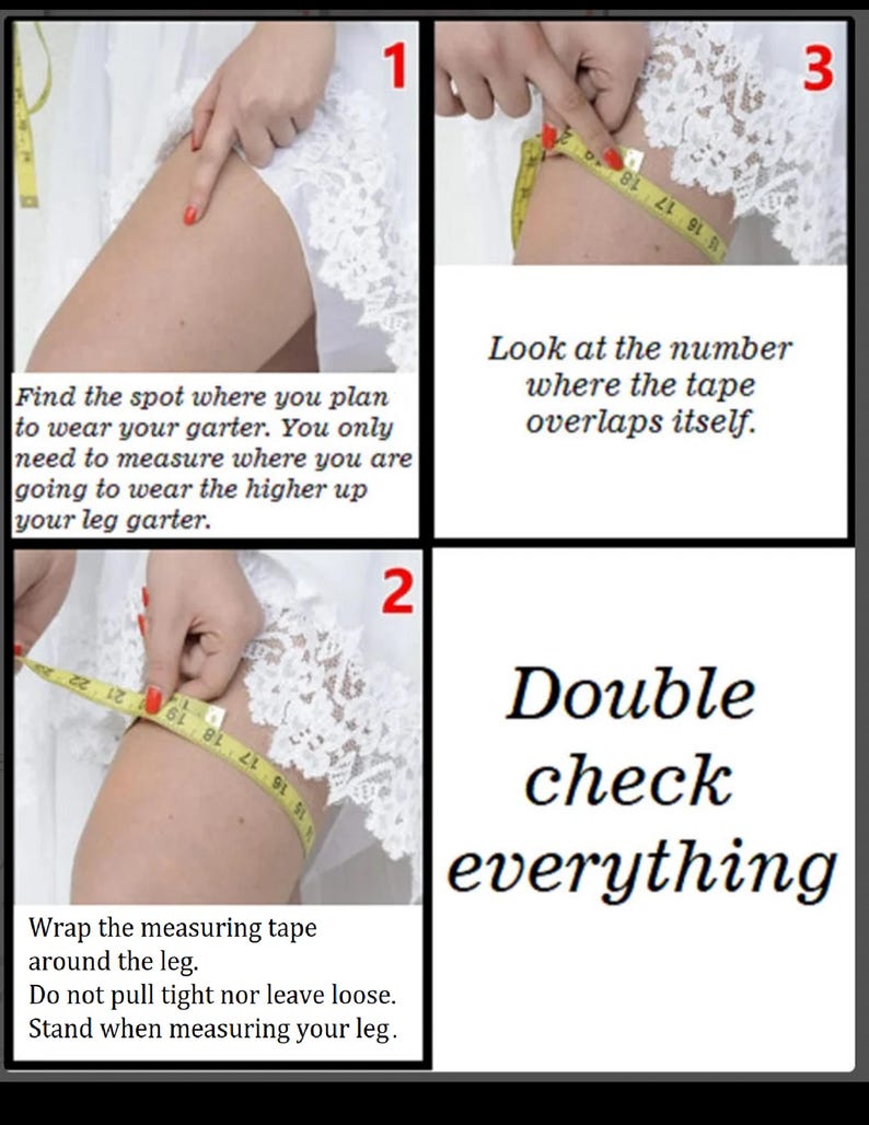 Op de afbeelding: Een gids over hoe u een kousenband kunt meten. De afbeelding toont een been met een meetlint eromheen gewikkeld. Tekst bevat instructies: "Vind de plek waar je je kousenband wilt dragen." en "Controleer alles dubbel."