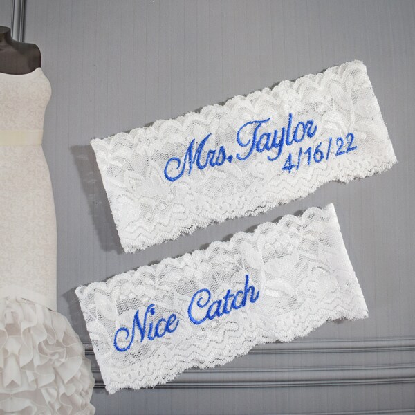 Personalized / Monogrammed Embroidered White Lace Wedding /Toss Garter Single or Set / Mrs. Garter / Something Blue!  Most Ship Next Day!