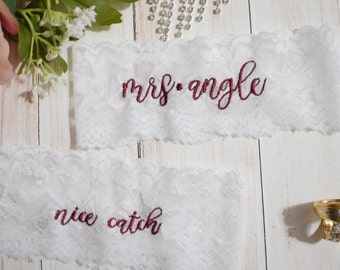 Personalized Wedding Garter Set  ( Keepsake & Toss Garters ), Pictured with Burgundy Thread