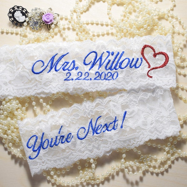 Wedding Garters to Make Your Big Day Memorable and you blush / Something Blue / Monogrammed  / Personalized name & date/ Most ship next day!