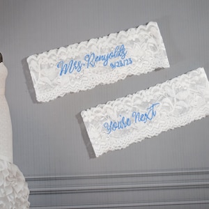 Personalized Wedding Garter,  Set or Single Garter, Lace White, Something Blue. Keepsake, Toss Garters, Embroidered
