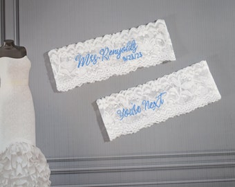 Personalized Wedding Garter,  Set or Single Garter, Lace White, Something Blue. Keepsake, Toss Garters, Embroidered