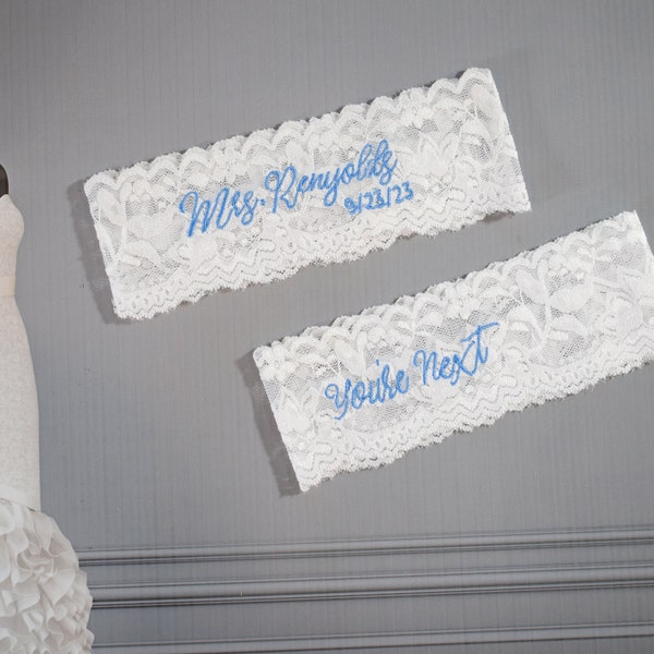 Personalized Wedding Garter,  Set or Single Garter, Lace White, Something Blue. Keepsake, Toss Garters, Embroidered