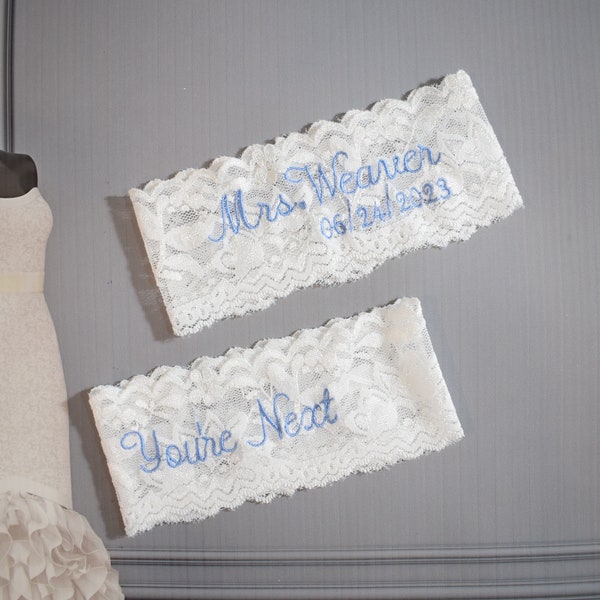 Personalized / Monogrammed Embroidered White Lace Wedding /Toss Garter Single or Set / Mrs. Garter / Something Blue!  Last Name & Date