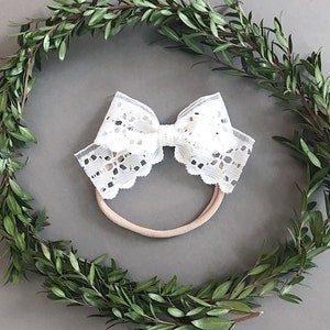 New Baby Gift, Eyelet Lace Bow Headband, Newborn Bows, Newborn Headbands, Baby Bow, White Lace Bows, Baptism Bow, Christening Headband