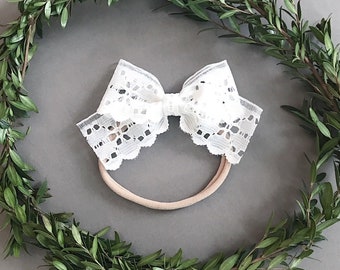 Eyelet Lace Bow Headband, Newborn Bows, Newborn Headbands, Baby Bow Headband, White Lace Bows, Baptism Bow, Christening Headband