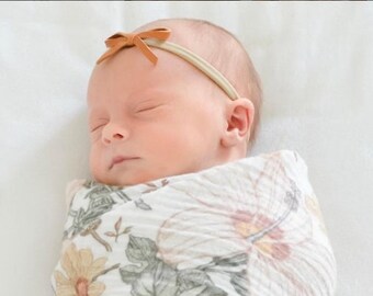 Soft Brown Leather Bow Headbands, saddle brown, baby headbands, leather headbands, nylon headbands, newborn, baby shower girl, leather bow