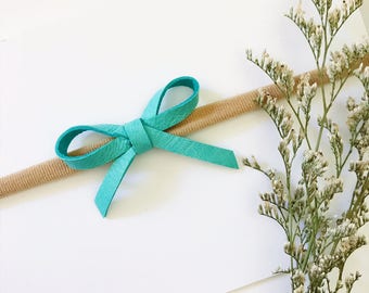 Leather Baby Bow, Gift Newborn, Newborn Bow Headband, Aqua Blue Bow, Nylon Headband, Baby Girl Headband, Hair Bows, Baby Shower Gift