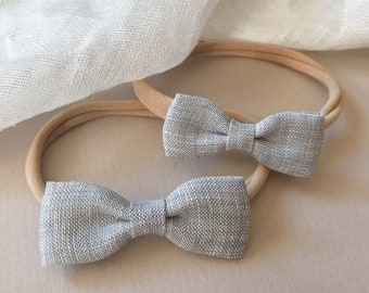 Grey Linen Baby Headbands, Baby Shower Gift, Newborn Headbands, Baby Girl Bow, Toddler Bow, Unique Baby Bows, Small Baby Bows