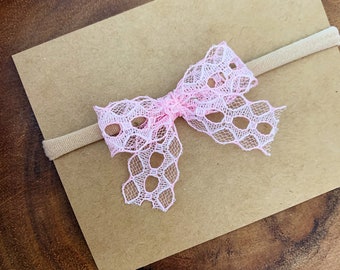 Pink Lace Bow, Pink bow headband, newborn bows, baby girl bows, little girl bows, cute bow headband, lace bows, girl baby shower gift