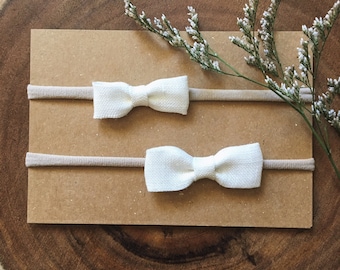 White Linen Angelica Bow, White bow headband, linen bow, baby shower gift, baptism bow, petite bows, newborn bow, newborn gift, infant bow