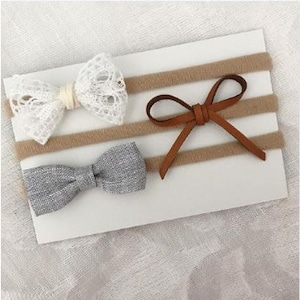 Lace, Leather and Linen Bow Set, newborn bows, newborn headbands, nylon headbands, infant bows, baby headbands, baby bows, little girl bows