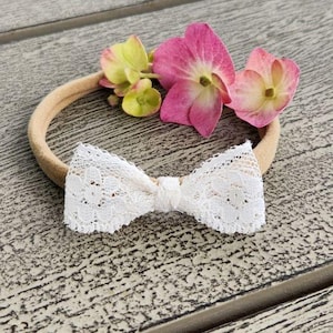 Off White lace hair bow, new baby gift, baby shower gift, infant bow, newborn bow headband, baptism bow, christening bow, lace baby bow