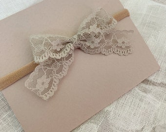 Taupe Lace Bow Headband, taupe lace, lace bow, lace headband, baby girl, headbands, baby, infant headband, newborn headband