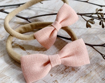 Baby Girl Gift, Peachy Pink Linen Bow, Baby Girl Headband, Pink Bow Headband, Baby Bow, Soft Nylon Headband, Infant Girl, Newborn Headband