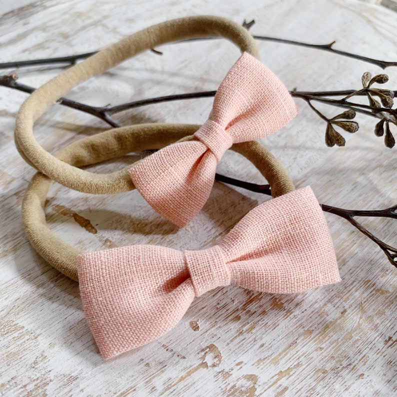 Baby Girl Gift, Peachy Pink Linen Bow, Baby Girl Headband, Pink Bow Headband, Baby Bow, Soft Nylon Headband, Infant Girl, Newborn Headband image 1