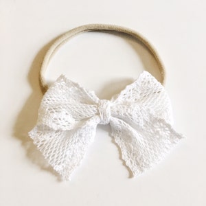 White Lace Baby Bow Headband: Baptism Christening Blessing bow