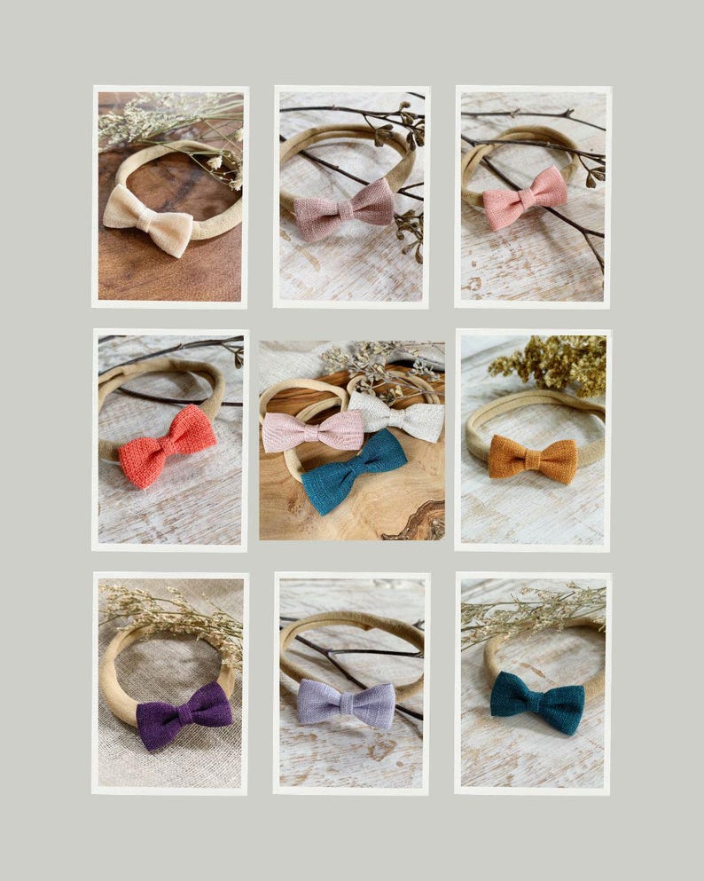 May include: Nine baby headbands with bow accents in various colors, including peach, coral, teal, and purple. Each headband features a fabric bow attached to a neutral-toned band. The bows have a textured appearance, and the headbands are arranged on a light gray background.