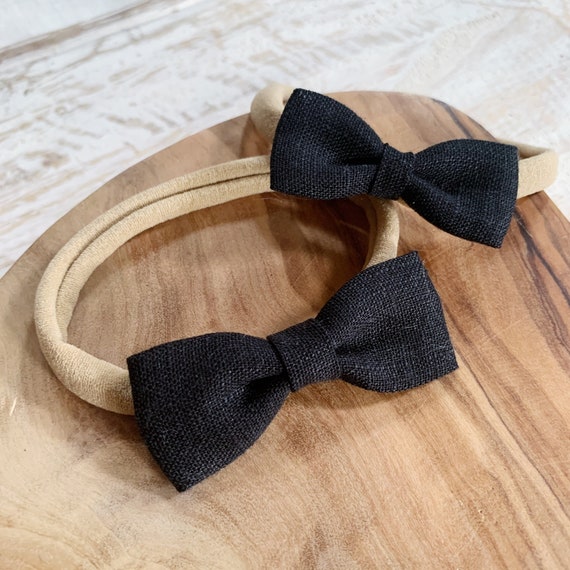 Black Linen Bow, Baby Girl, Black Bow Headband, baby bow, new baby gift, infant bow, new baby gift, baby shower gift, little black bow