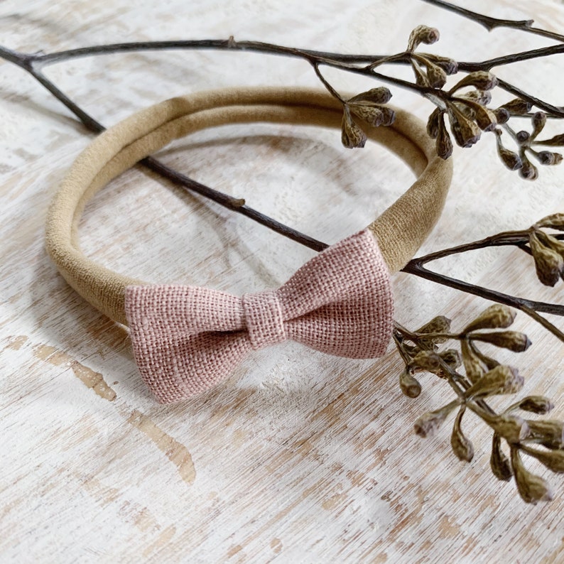 Preemie Dusty Pink Linen Bow, Gift Newborn, NICU, Newborn Tiny Bows, preemie girl, preemie headband, pink tiny bow, baby gift, baby shower image 1