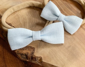 Pale Blue Linen Bow, Gift Newborn, Blue Bow Headband, Baby Bow, Soft Nylon Headband, Infant Girl, Newborn Baby Bow, Infant Hair Bow