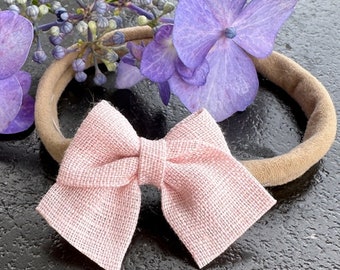 Preemie Light Pink Tiny Bow, Pink Baby Bow, preemie headbands, Linen Pink headband, preemie baby hair bow, tiny bow