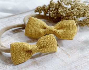 Mustard Baby Bow, Newborn Bow, Newborn Headband, Goldenrod Linen Bow, Petite Baby Bow, Baby Girl Gift, Baby Shower Gift, Baby Girl Fashion