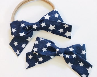 Navy and White Stars Hair Bow Headband, Little Girl Bows, Newborn Bows Headband, 4th of July hair bow, cute hair bow, navy