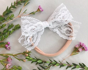 White Lace Bow Headband, Newborn Bows, Newborn Bow Headbands, Baby Bow Headband, Baby Hair Bow Headband, Newborn