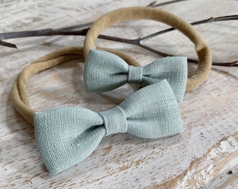 Baby Gift, Baby Headband, Pale Sea Green Linen Bow, Baby Shower Gift, Green Bow Headband, baby bow, soft nylon headband, infant headband