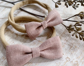 Dusty Pink Linen Bow, Gift Newborn, Baby Girl, Pink Bow Headband, baby bow, soft nylon headband, infant girl, going home outfit, newborn