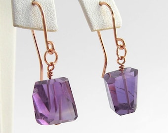 Purple amethyst earrings, faceted nuggets, rose gold, sterling silver, made to order,