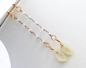 Long rough diamond earrings with druse, silver, white, goldfilled