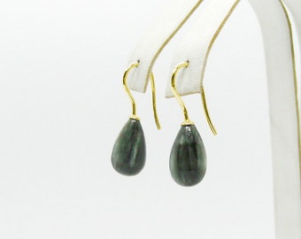 Dark green serafinite earrings, gold-plated