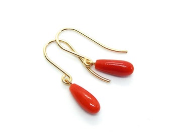 Small genuine coral earrings, goldfilled, silver, 585 yellow gold, red coral earrings