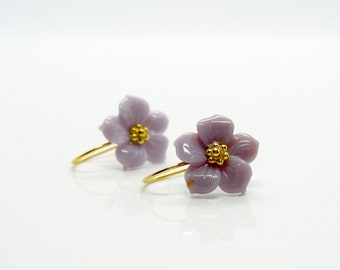 Purple flower earrings, chalcedony, gold-plated,