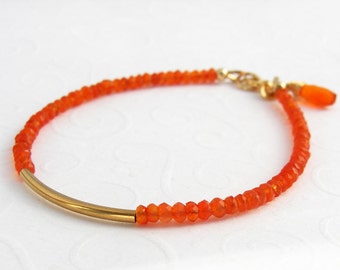 Carnelian bracelet gold plated, orange gemstones, goldfilled, tube