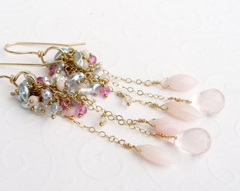 Lush pink grey earrings, gold plated, Akoya Keshi beads, morganite, pink opal, safir, rose quartz, cascade earrings, cluster earrings