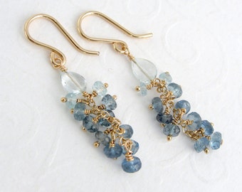 Aquamarine earrings, goldfilled gold plated, ombre, gradient, Santa Maria aquamarine