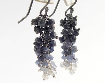 Sapphire Earrings ombre Gradient 925 Silver Oxidized Long, Natural Gemstones